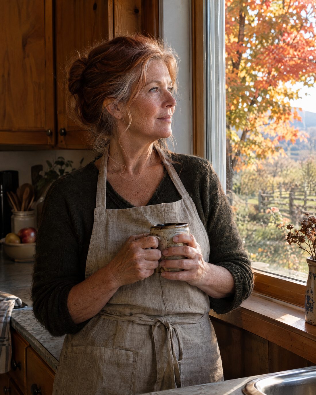 Une femme de 66 ans regarde son jardin depuis la fenêtre de sa cuisine