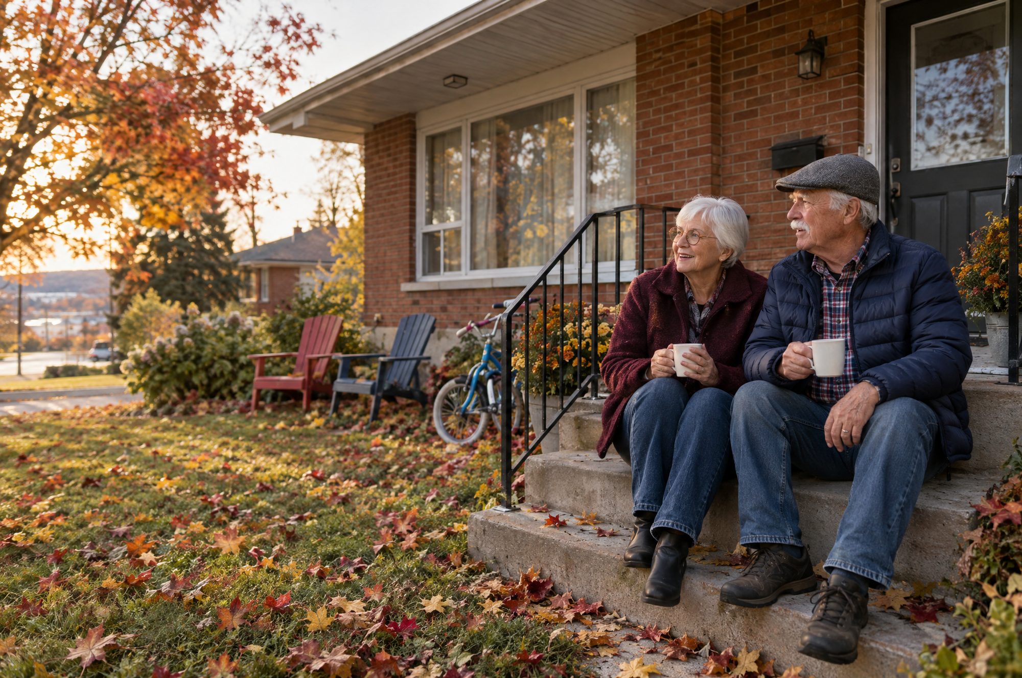 Un couple de retraités assis sur les marches de leur bungalow en automne