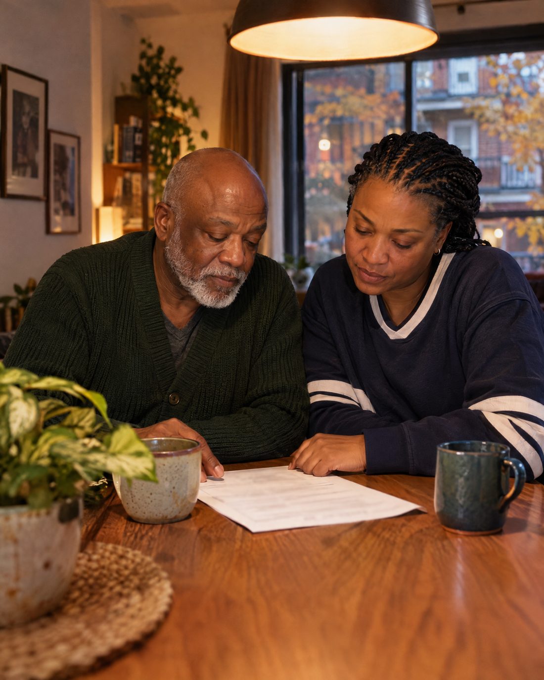 Un homme de 71 ans et sa fille adulte regardent un document ensemble à la table